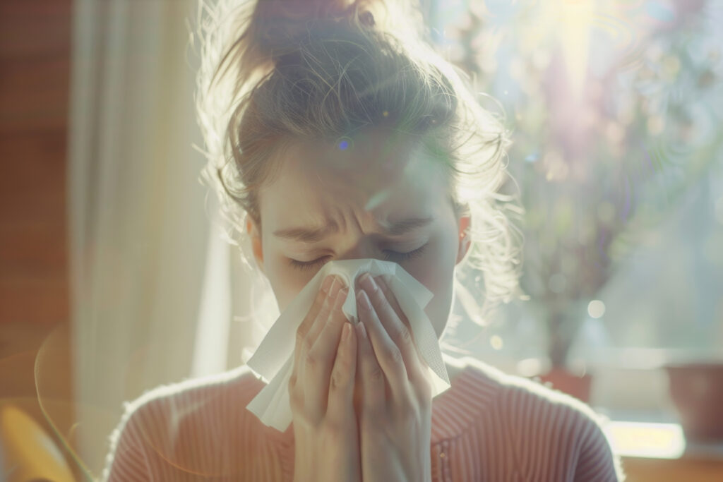 Woman blowing her nose